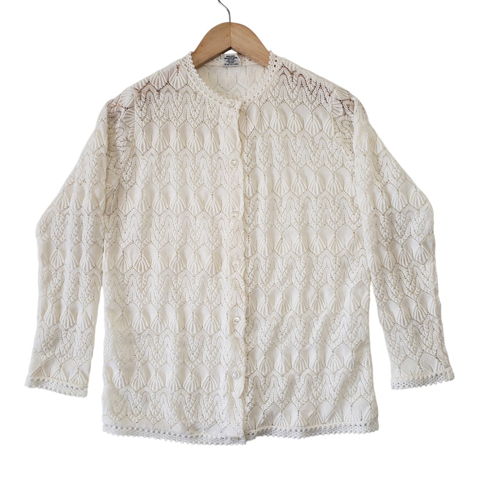 Vintage 70s Ivory Pointelle Knit Cardigan Sweater‎ Scalloped Trim Cottagecore